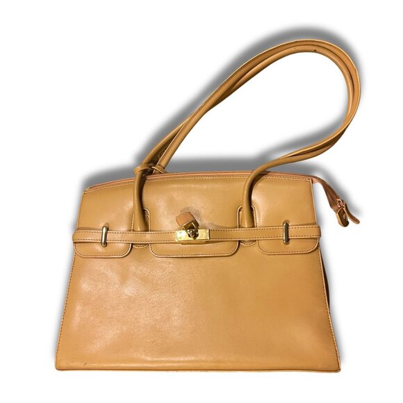 Tan Genuine Leather Handbag With Long Straps & Gold-Tone Hardware - Picture 2 of 7
